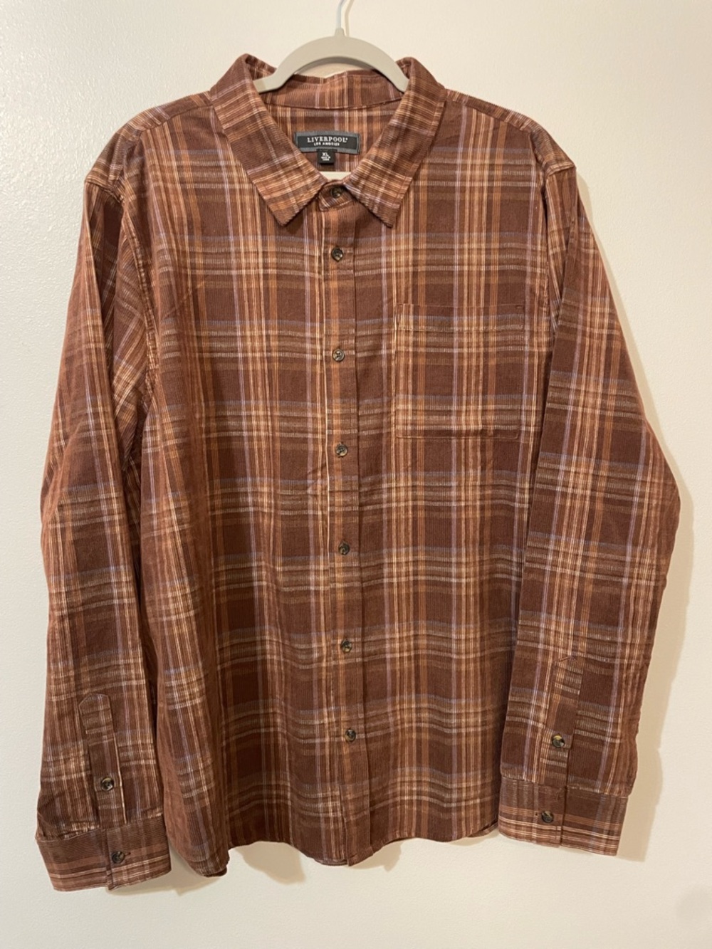 Liverpool Los Angeles Corduroy Shirt Plaid Button Down Men’s XL Brown Cotton